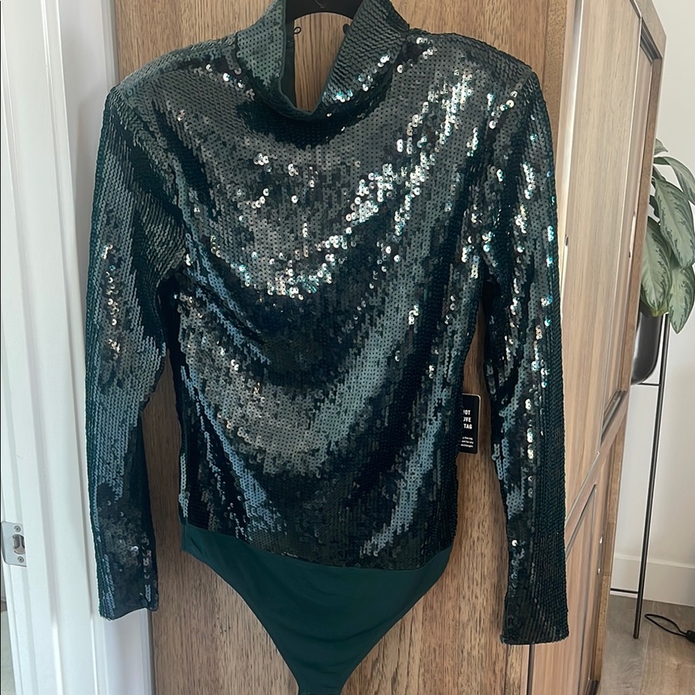 Express Black Sequin Long Sleeve Bodysuit with Mandarin Collar